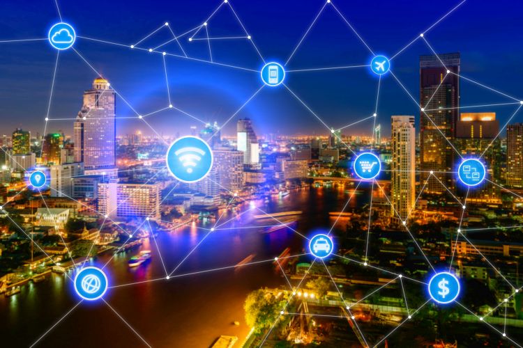 Smart city and wireless communication network, business district with office building, abstract image visual, internet of things concept