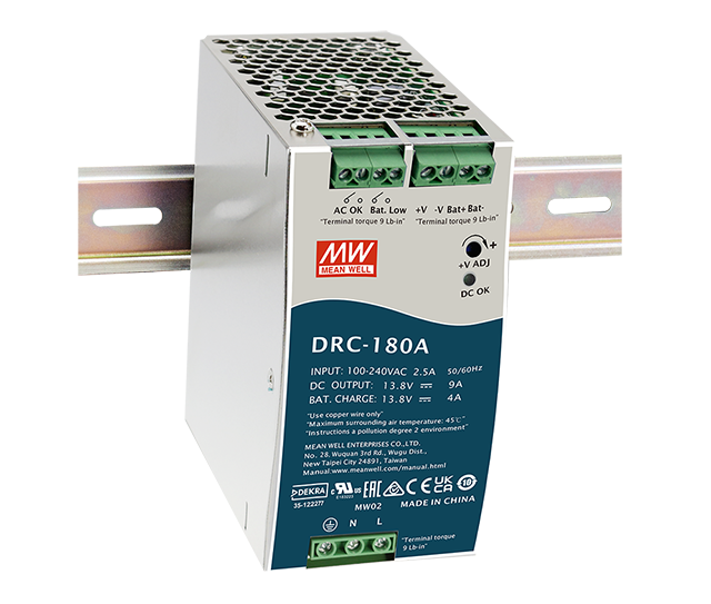 DRC-180, 180W DIN-skinne med batterioplader (UPS-funktion) fra MEAN WELL. Forhandler er Power Technic. Ring 70 208 210.