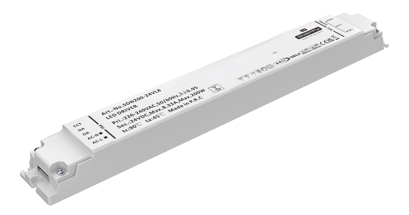 SDN200-VL6, 200W LED-driver med DALI 2, DT6, DT8 eller PUSH-dæmp, fra MEAN WELL. FOrhandler er Power Technic. Ring 70 208 210 for mere information.