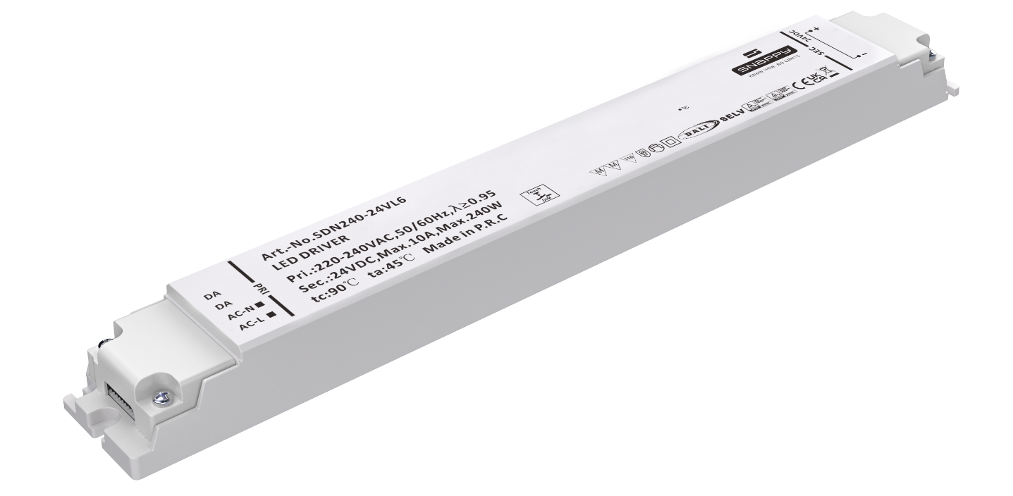 SDN240-VL8, 240W LED-driver med DALI 2, DT6, DT8 eller PUSH-dæmp, fra MEAN WELL. FOrhandler er Power Technic. Ring 70 208 210 for mere information.