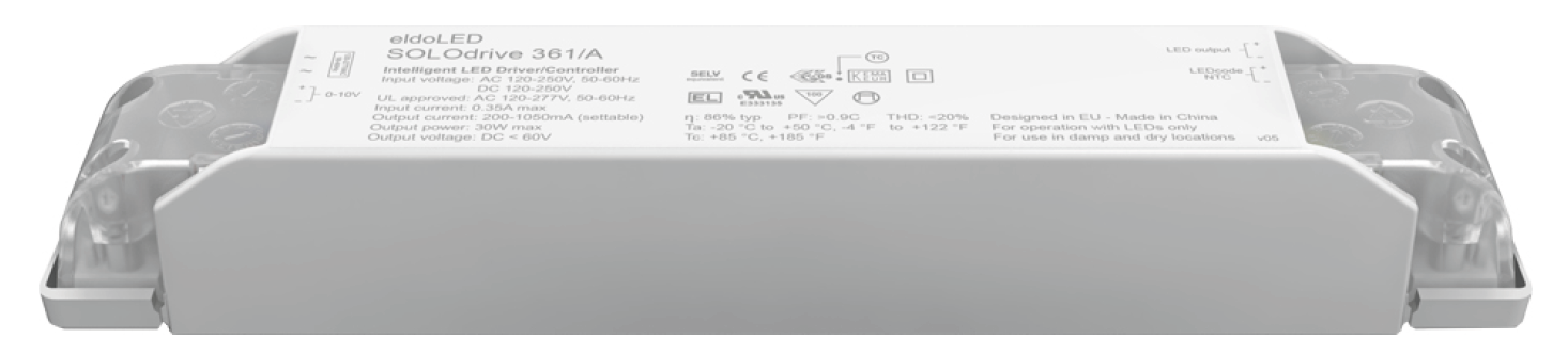 SOLOdrive360A-SLO360A6, LED-driver til industrielt dæmpbar belysning til forskellige dæmpesystemer, fra eldoLED. Forhandler er Power Technic. Ring 70 208 210 for mere information.