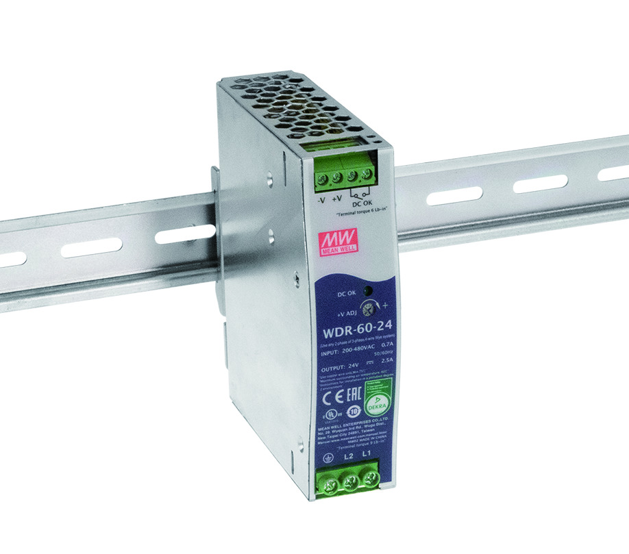 WDR-60 DIN-skinne strømforsyning fra MEAN WELL. Forhandler er Power Technic. Ring 70 208 210 for mere information.