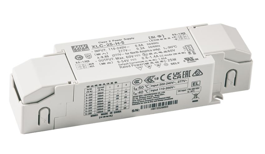 XLC-25-S, Flicker free LED-driver med konstant -strøm eller -udgangsspænding, fra MEAN WELL. Forhandler er Power Technic. Ring 70 208 210 for mere information.