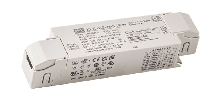 XLC-60-S, Flicker free LED-driver med konstant -strøm eller -udgangsspænding, fra MEAN WELL. Forhandler er Power Technic. Ring 70 208 210 for mere information.